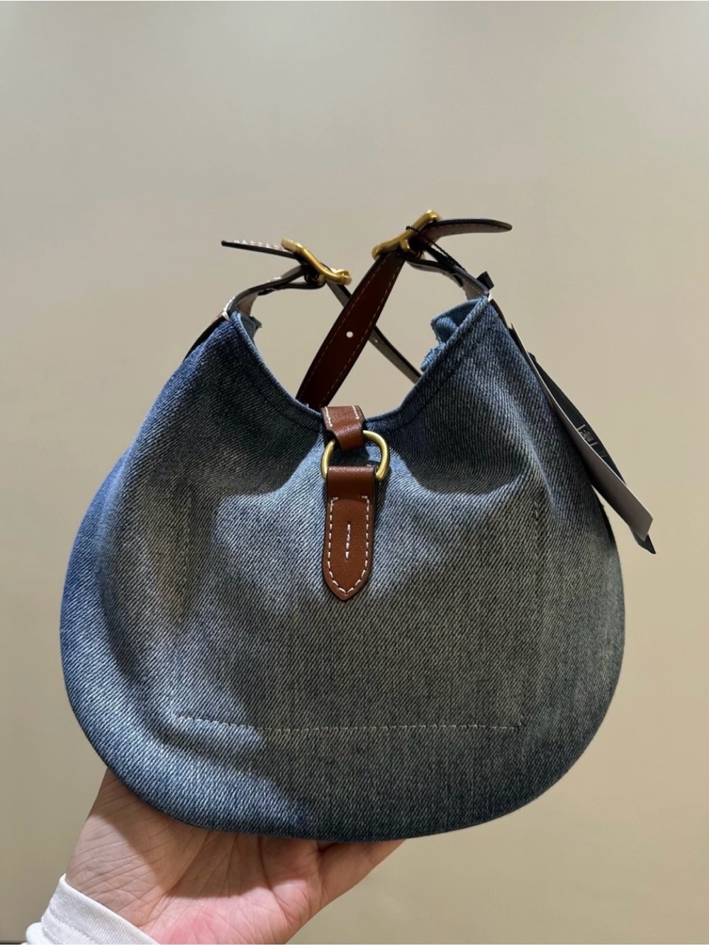 Ralph Lauren Denim Crescent Tote with Brown Leather Strap and Gold Plaque - Picture 4 of 8
